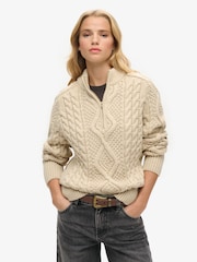 Superdry Cream Aran Cable Knit Half Zip Jumper - Image 1 of 3