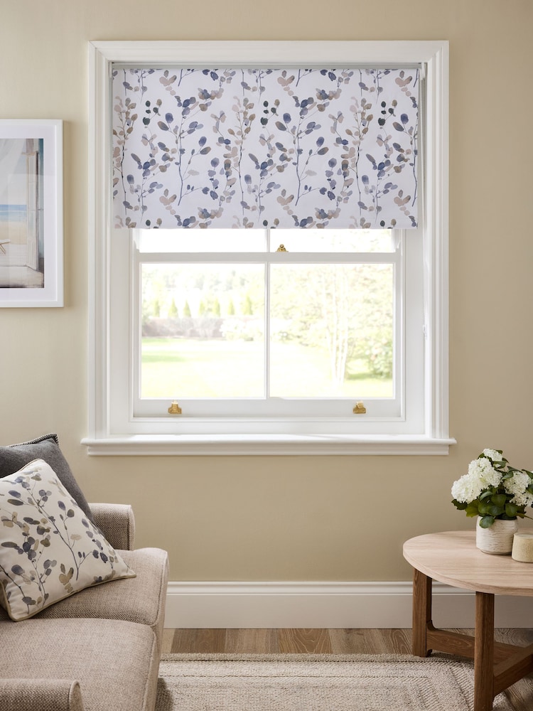 Natural/Blue Ready Made Blackout Honesty Leaf Floral Print Roller Blind - Image 1 of 6