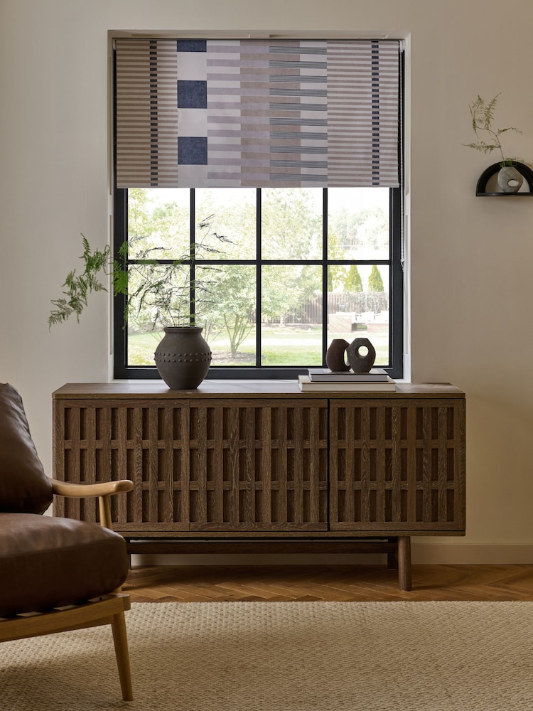 Grey/Natural Ready Made Blackout Stripe Geometric Print Roller Blind - Image 1 of 6