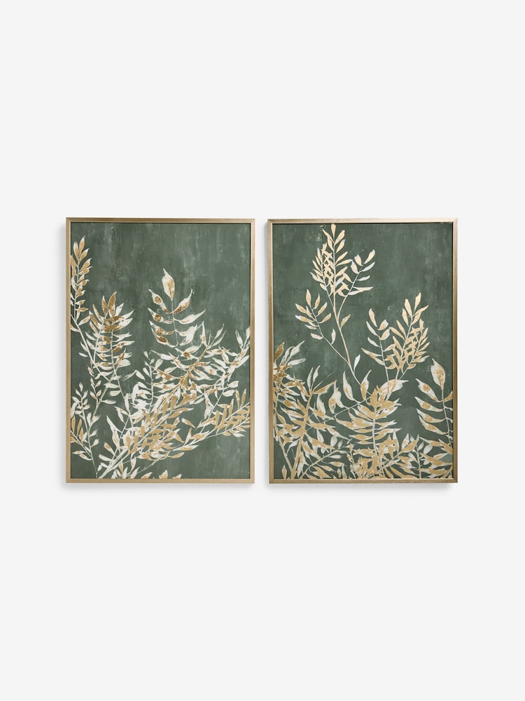 Set of 2 Green Gold Embellished Leaf Wall Art - Image 1 of 2