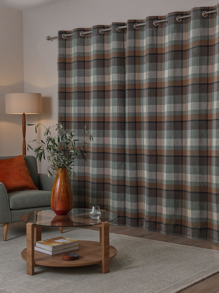 Teal Blue Check Lined Curtains - Image 2 of 5