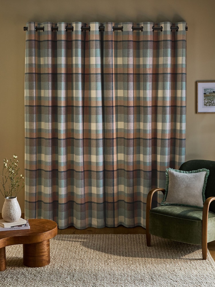 Teal Blue/Orange Check Super Thermal Curtains - Image 2 of 6