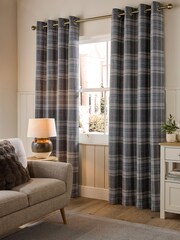 Grey/Pink Brushed Check Lined Eyelet Curtains - Image 1 of 5
