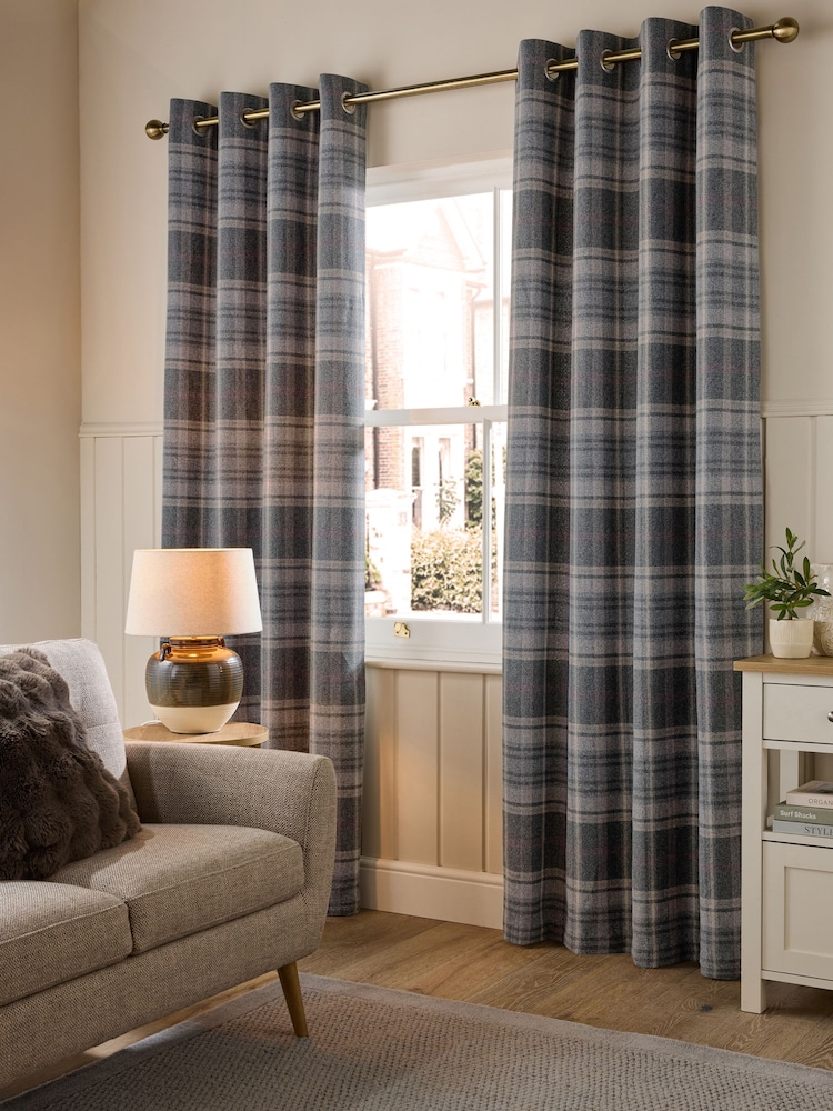 Grey/Pink Brushed Check Lined Eyelet Curtains - Image 1 of 5