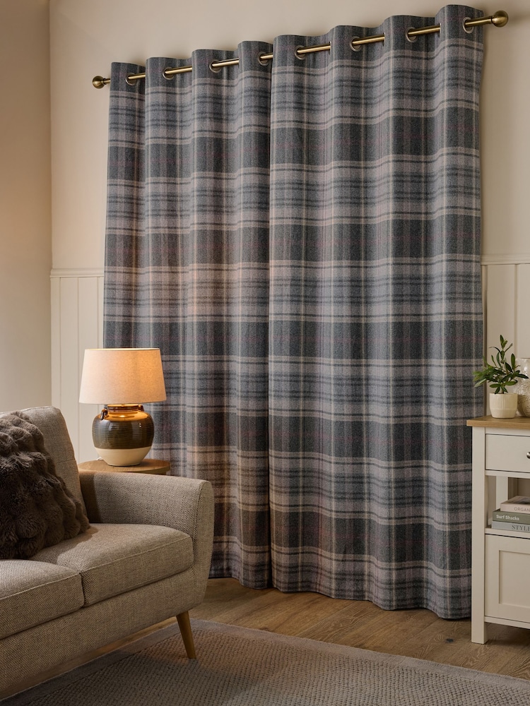 Grey/Pink Brushed Check Lined Eyelet Curtains - Image 2 of 5