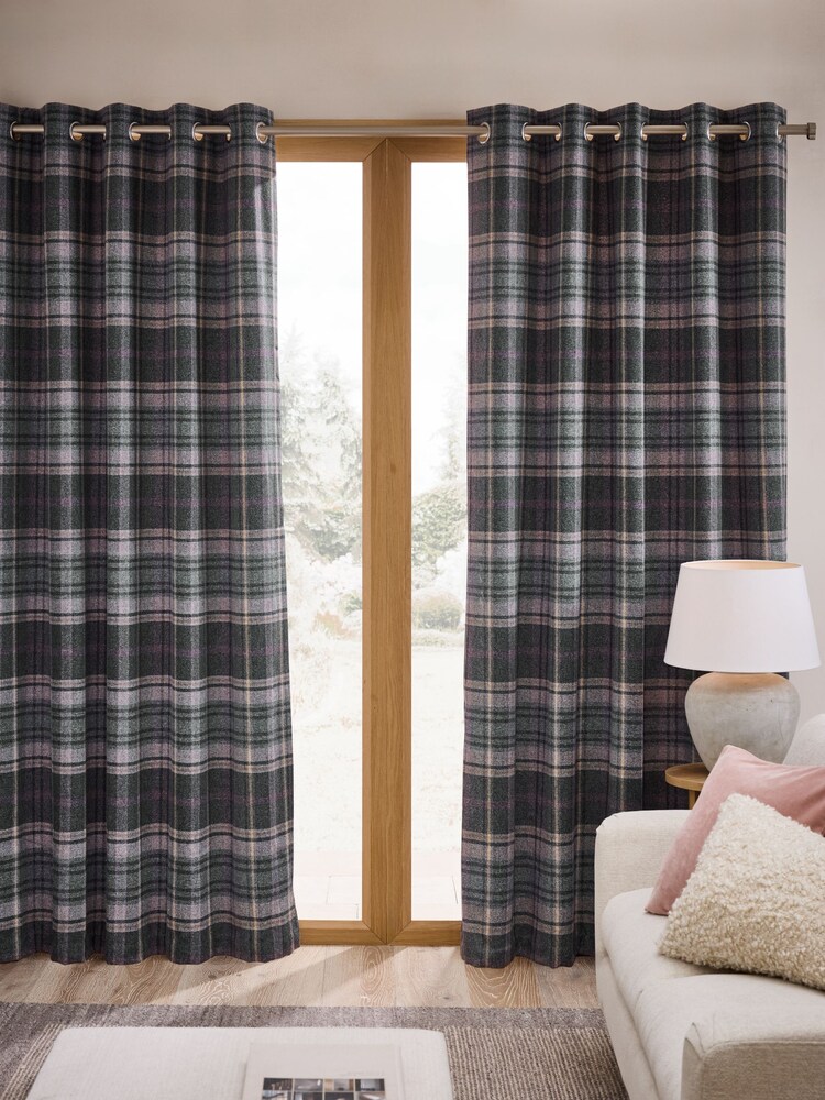Grey/Pink Brushed Check Super Thermal Eyelet Curtains - Image 2 of 5