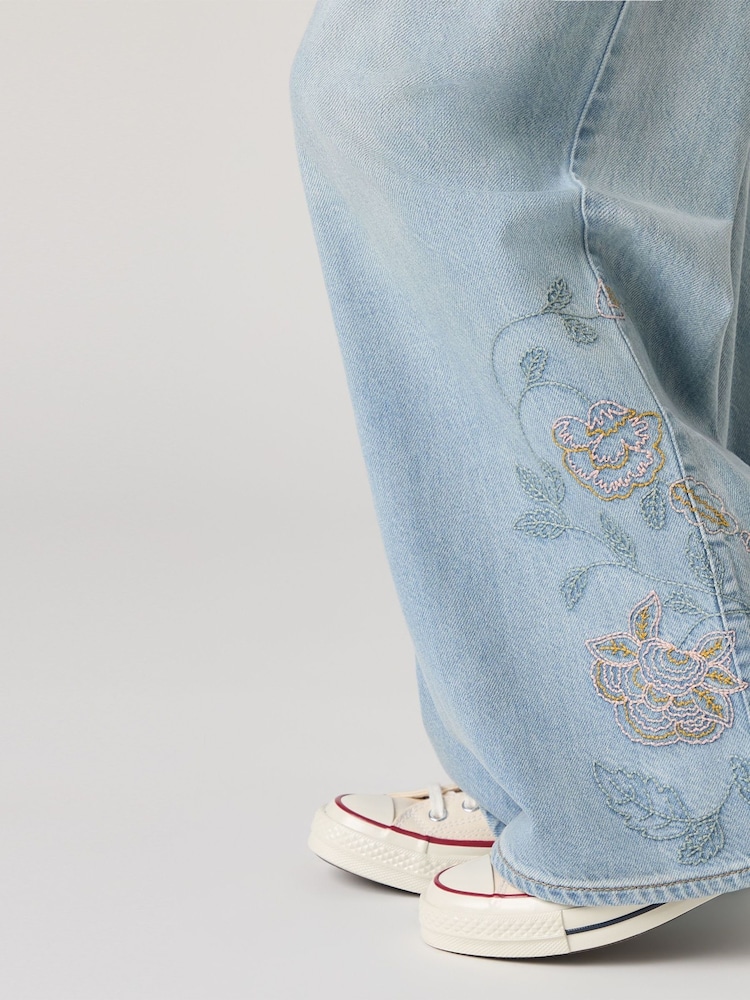Levi's® Blue Beltless Floral Embroidered Baggy Wide Leg 100% Cotton Jeans - Image 4 of 10