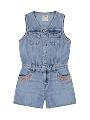 Levi's® Blue Denim Waistcoat 100% Cotton Romper With Floral Embroidery - Image 1 of 5