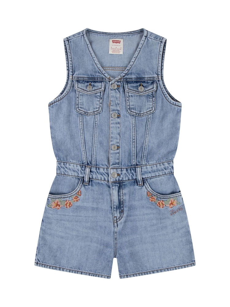 Levi's® Blue Denim Waistcoat 100% Cotton Romper With Floral Embroidery - Image 1 of 5