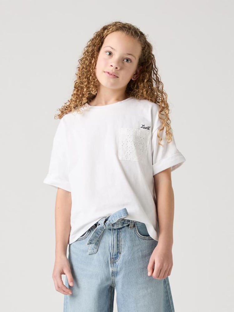 Levi's® White Cropped Meet & Greet Roll Cuff Logo T-Shirt - Image 1 of 8 Levi's® White Cropped Meet & Greet Roll Cuff Logo T-Shirt - Image 1 of 8