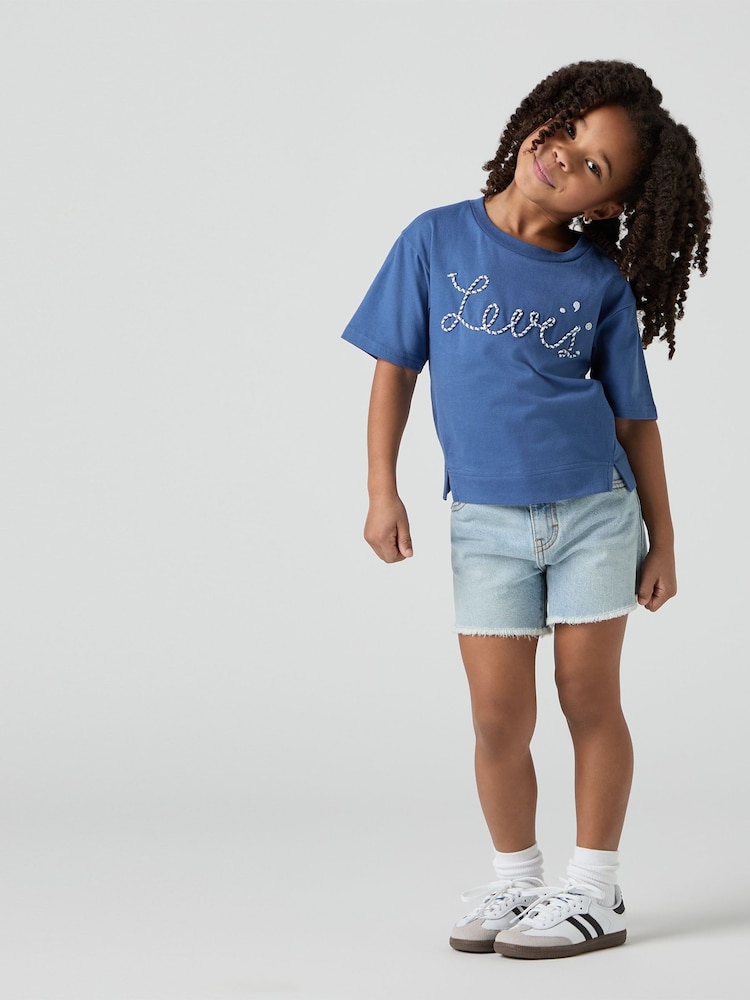 Levi's® Blue A-Line High Waist Shorts With Raw Hem - Image 1 of 8 Levi's® Blue A-Line High Waist Shorts With Raw Hem - Image 1 of 8