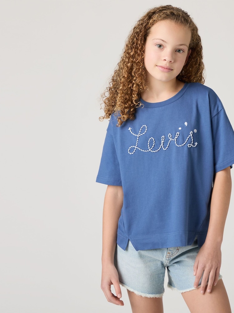 Levi's® Blue Cropped Meet & Greet Roll Cuff Logo T-Shirt - Image 1 of 11 Levi's® Blue Cropped Meet & Greet Roll Cuff Logo T-Shirt - Image 1 of 11