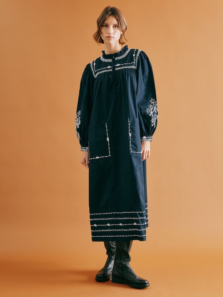 Albaray Blue Embroidered 100% Cotton Dress - Image 1 of 6