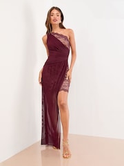 Lipsy Burgundy Red One Shoulder Lace Mesh Mix Maxi Dress - Image 1 of 5