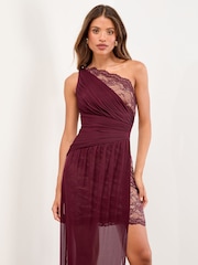 Lipsy Burgundy Red One Shoulder Lace Mesh Mix Maxi Dress - Image 2 of 5