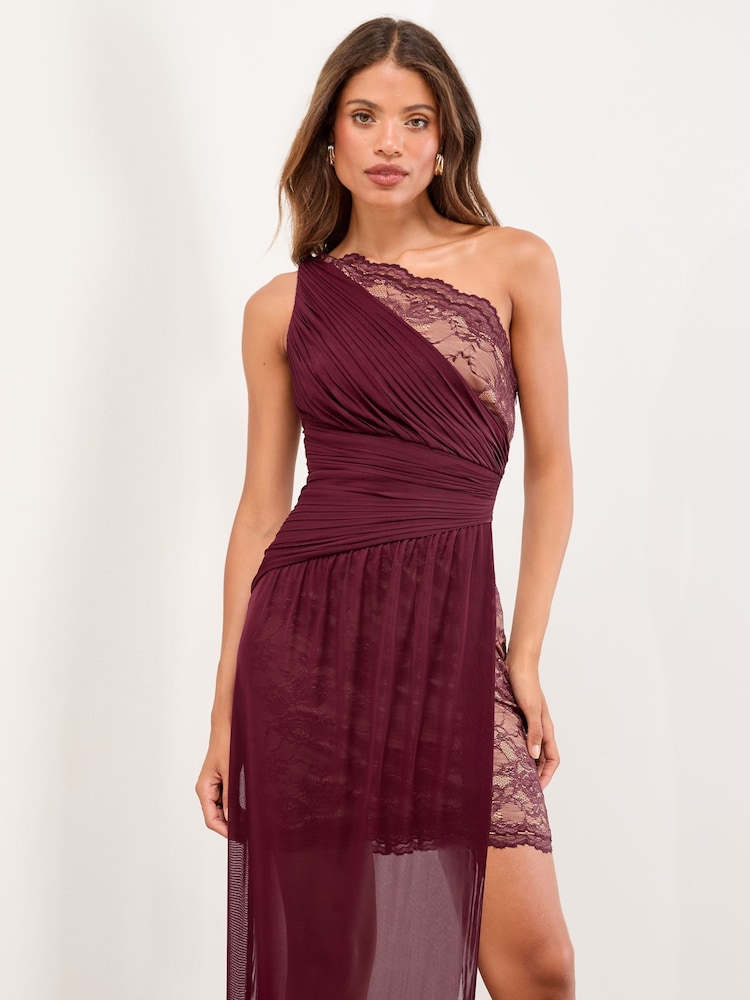 Lipsy Burgundy Red One Shoulder Lace Mesh Mix Maxi Dress - Image 2 of 5