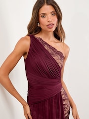 Lipsy Burgundy Red One Shoulder Lace Mesh Mix Maxi Dress - Image 4 of 5
