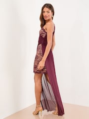Lipsy Burgundy Red One Shoulder Lace Mesh Mix Maxi Dress - Image 5 of 5