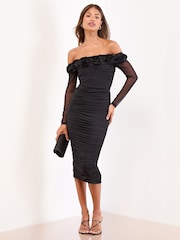 Lipsy Black Flower 3D Trim Bardot Long Sleeve Mesh Bodycon Midi Dress - Image 1 of 4