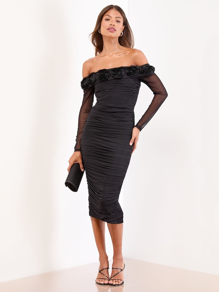 Lipsy Black Flower 3D Trim Bardot Long Sleeve Mesh Bodycon Midi Dress - Image 1 of 4 Lipsy Black Flower 3D Trim Bardot Long Sleeve Mesh Bodycon Midi Dress - Image 1 of 4
