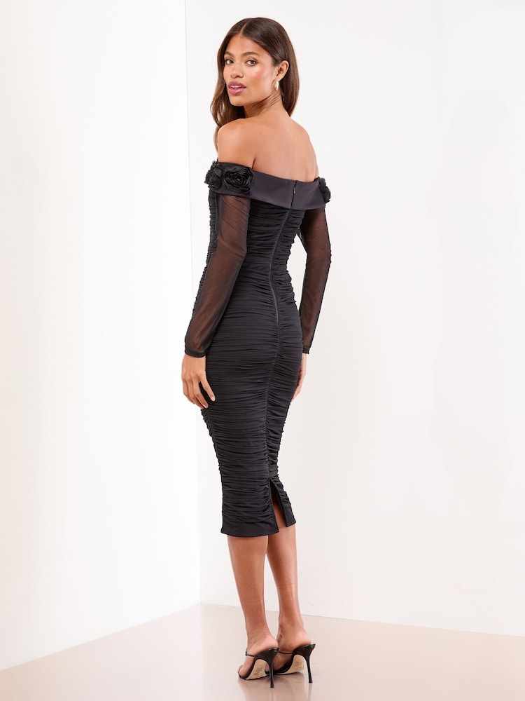 Womens Lipsy Black Flower 3D Trim Bardot Long Sleeve Mesh Bodycon Midi Dress US 10