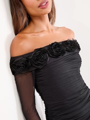 Lipsy Black Flower 3D Trim Bardot Long Sleeve Mesh Bodycon Midi Dress - Image 4 of 4