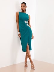 Lipsy Teal Blue Embellished Waist Sleeveless Bodycon Midi Dress - Image 1 of 4