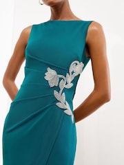 Lipsy Teal Blue Embellished Waist Sleeveless Bodycon Midi Dress - Image 2 of 4