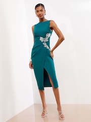 Lipsy Teal Blue Embellished Waist Sleeveless Bodycon Midi Dress - Image 3 of 4