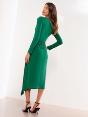 Lipsy Green Embellished Trim Long Sleeve Ruched Slinky Bodycon Midi Dress - Image 4 of 4