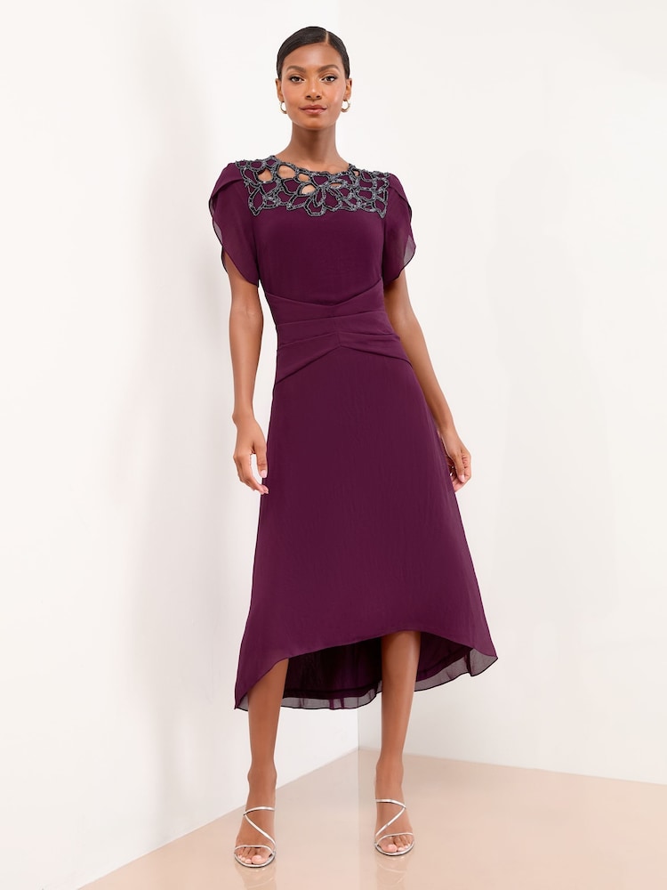 Lipsy Burgundy Red Embellished Cut Out Short Sleeve Pleated Fit And Flare Midi Dress - Image 1 of 4