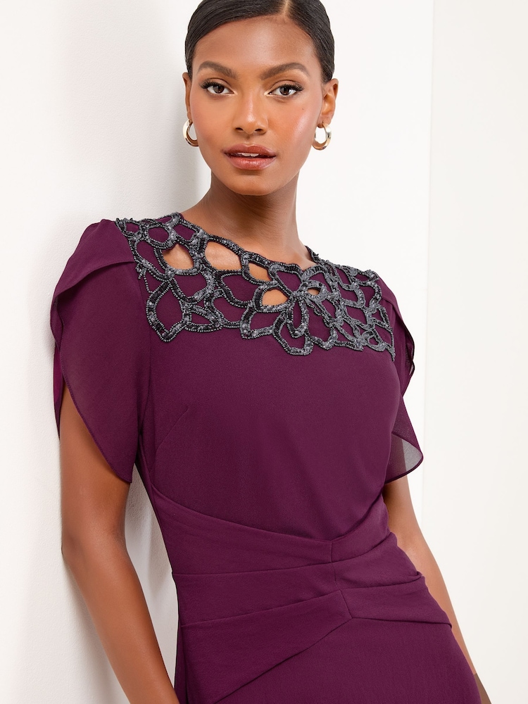 Lipsy Burgundy Red Embellished Cut Out Short Sleeve Pleated Fit And Flare Midi Dress - Image 2 of 4