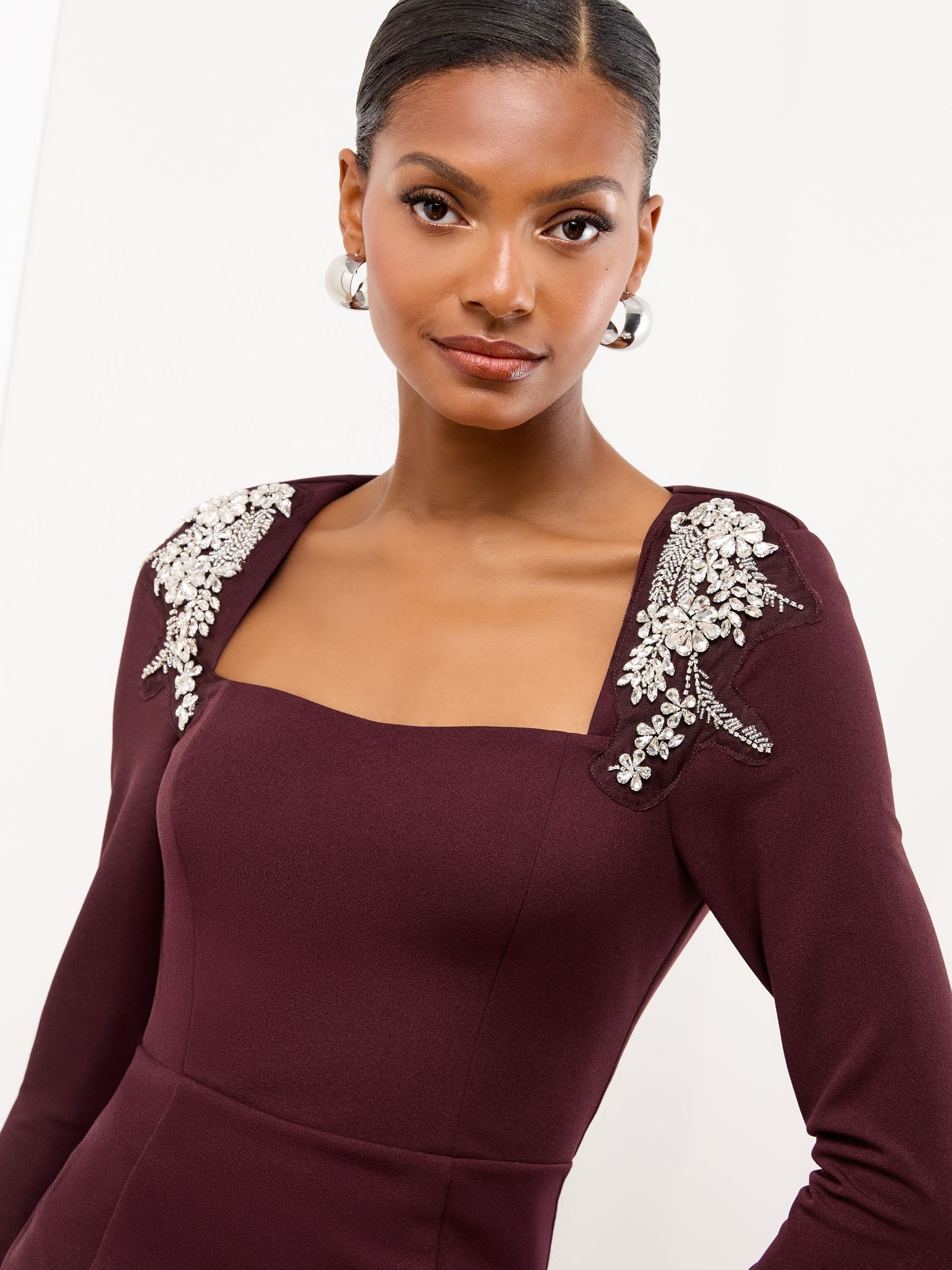 Buy Lipsy Wine Embellished Shoulder Trim Long Sleeve Bodycon Midi