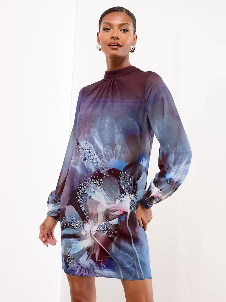 Lipsy Embellished Floral Printed Long Sleeve Mini Shift Dress - صورة 1 من 4