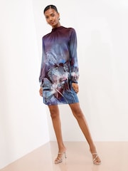 Lipsy Embellished Floral Printed Long Sleeve Mini Shift Dress - صورة 2 من 4