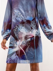 Lipsy Embellished Floral Printed Long Sleeve Mini Shift Dress - صورة 3 من 4