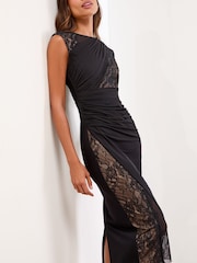 Lipsy Black/Nude Mesh Lace Mix Sleeveless Bodycon Midi Dress - Image 2 of 4