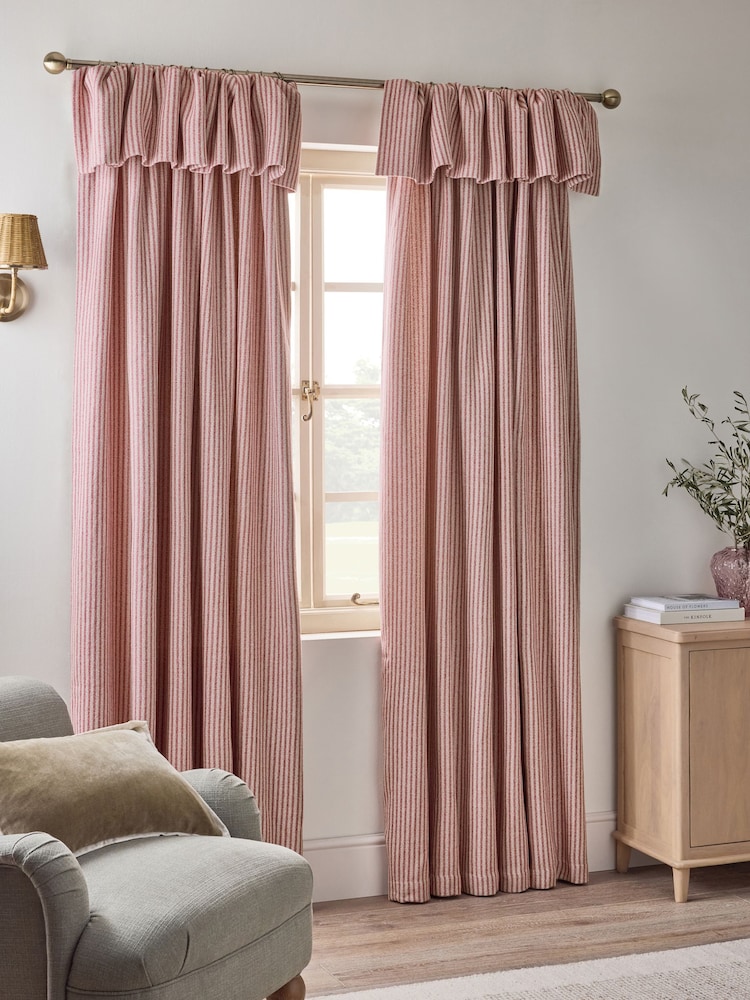 Pink Brushed Stripe Ruffle Top Fold Over Lined Curtains - Image 1 of 5