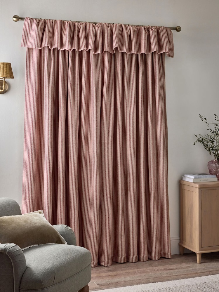 Pink Brushed Stripe Ruffle Top Fold Over Lined Curtains - Image 2 of 5