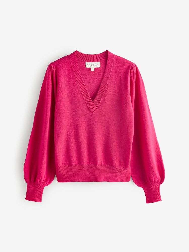 Aspiga Pink Merino Wool V-Neck Jumper - Image 5 of 5