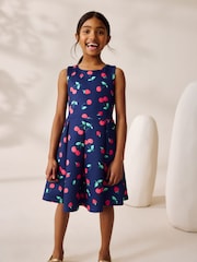Navy Fruit Print Cut Out Detail Scuba Occasion Dress (1.5-16yrs) - Image 1 of 10