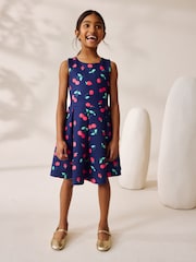 Navy Fruit Print Cut Out Detail Scuba Occasion Dress (1.5-16yrs) - Image 2 of 10