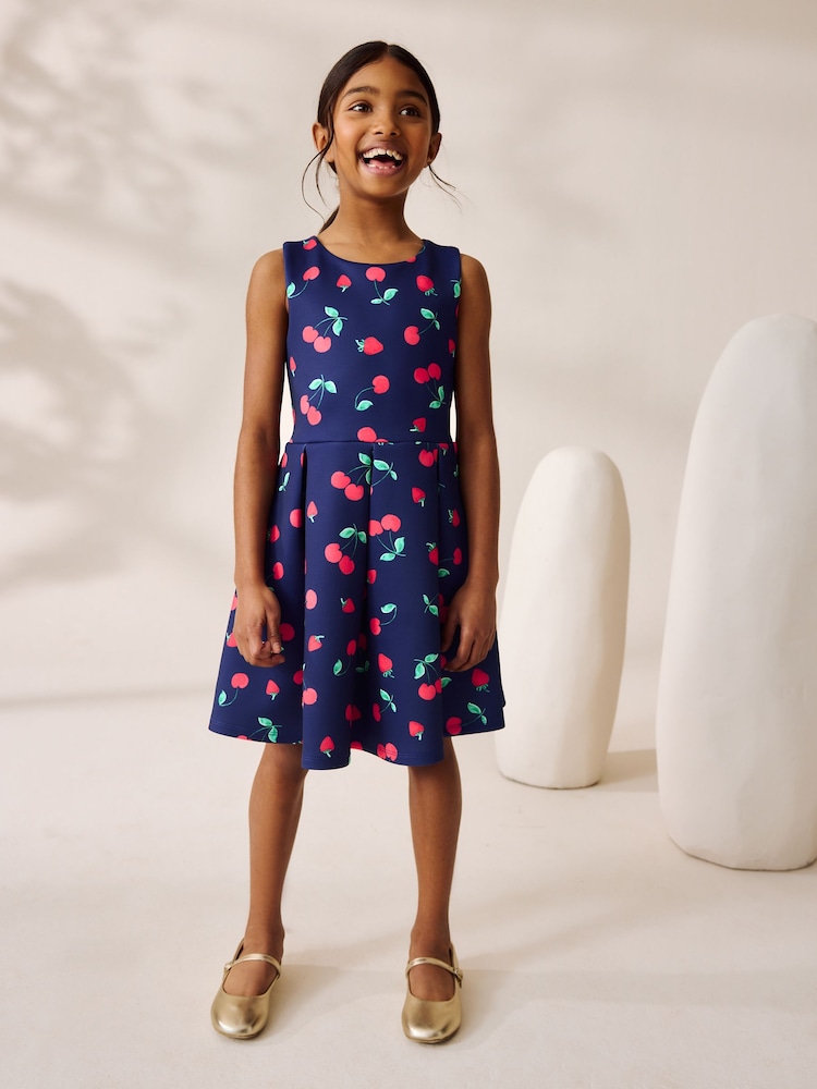 Navy Fruit Print Cut Out Detail Scuba Occasion Dress (1.5-16yrs) - Image 2 of 10