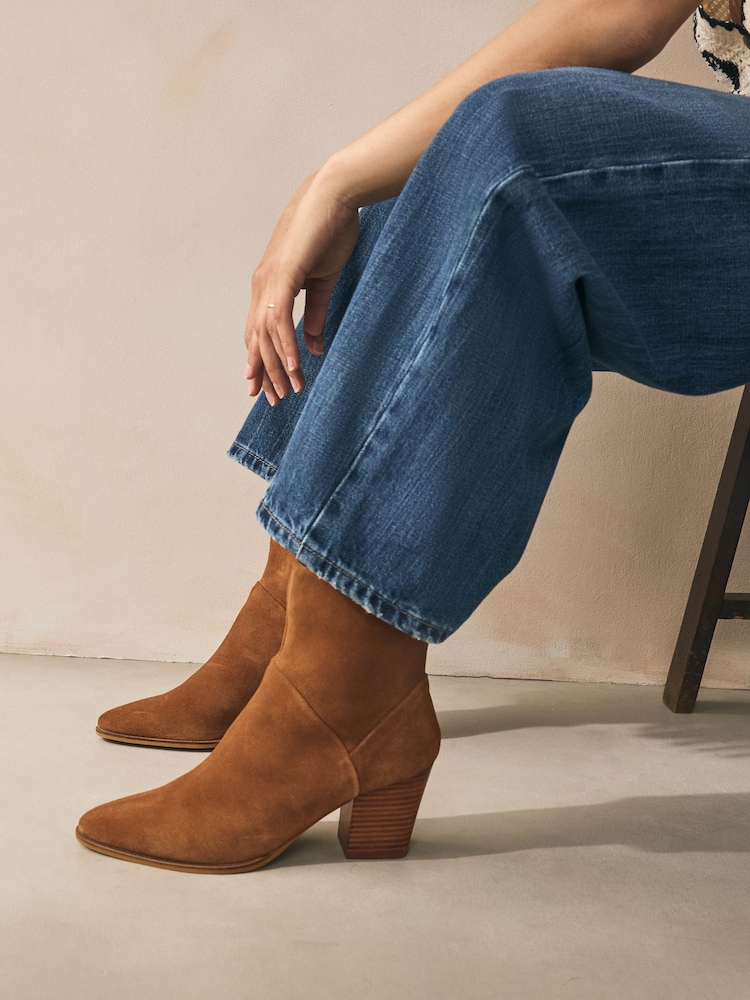Buy Tan Brown Suede Western Block Heel Ankle Boots from Next USA display picture 1