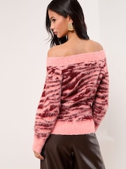 Lipsy Pink Animal Print Slash Neck Cosy Fluffy Eyelash Knit Jumper - Image 3 of 4