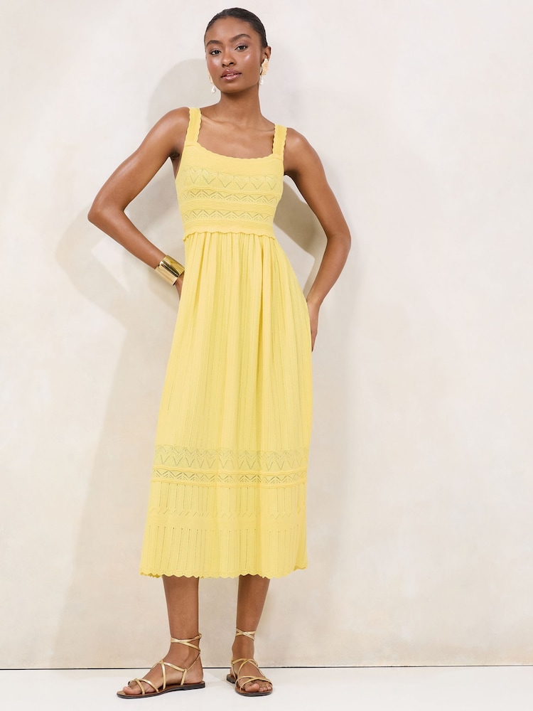 Lipsy Yellow Pointelle Stitch Scallop Summer Midi Knit Dress - Image 1 of 4