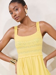 Lipsy Yellow Pointelle Stitch Scallop Summer Midi Knit Dress - Image 3 of 4