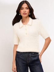 Lipsy Cream Embellished Collared Eyelash Knitted Top - Image 1 of 4