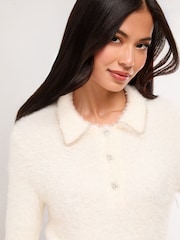 Lipsy Cream Embellished Collared Eyelash Knitted Top - Image 2 of 4