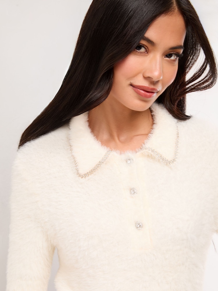 Lipsy Cream Embellished Collared Eyelash Knitted Top - Image 2 of 4